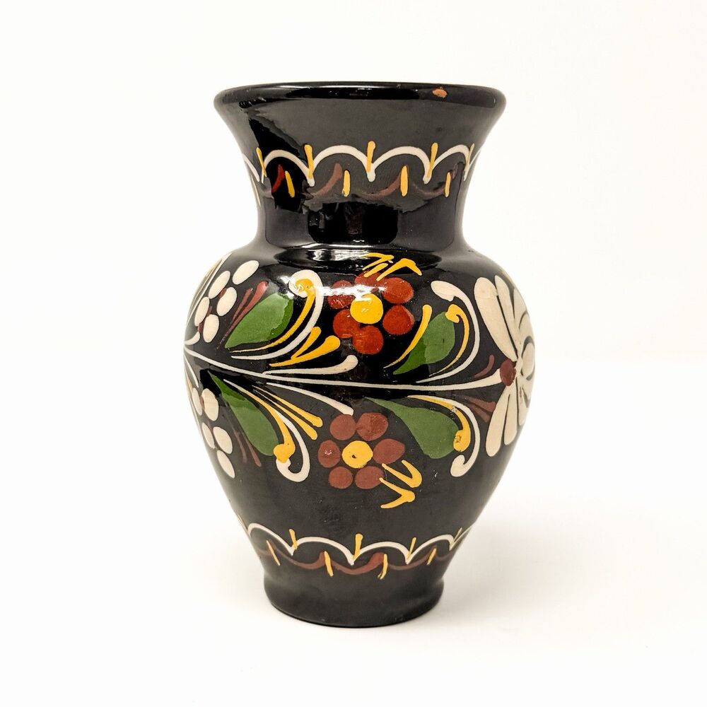 Vintage MCM Hungarian Majolica Pottery Vase Hand Painted Floral Folk Art Black